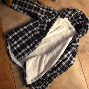 Faux fur lined flannel button-up
